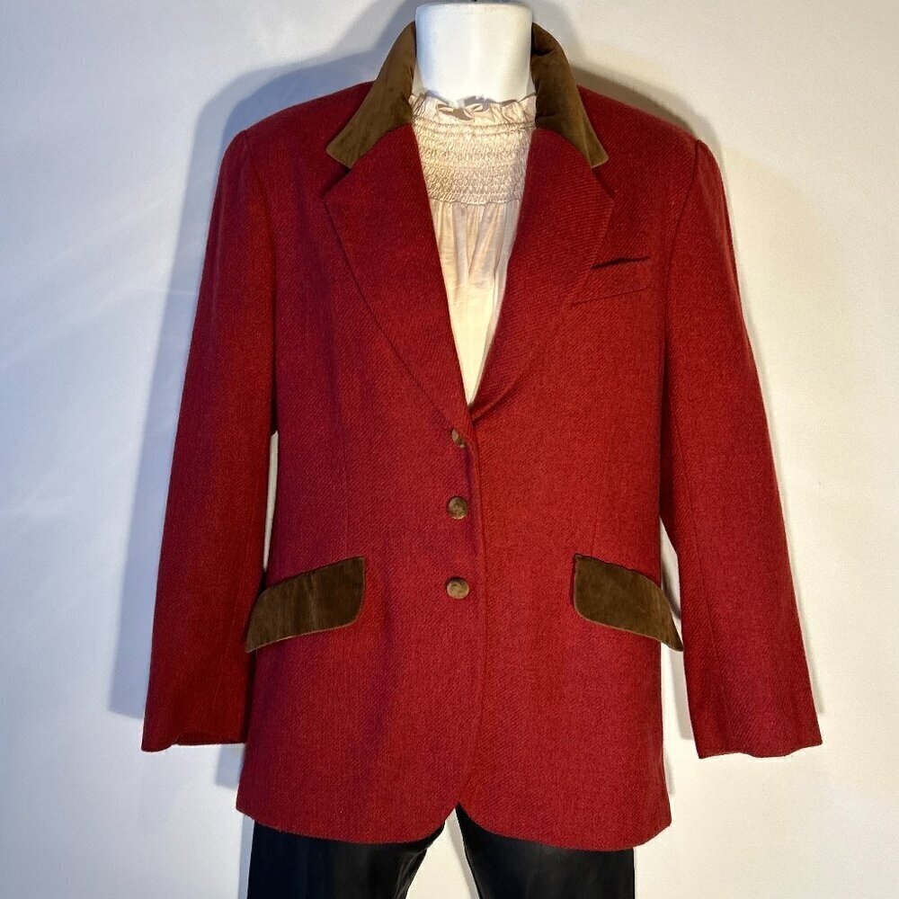 Russ SZ 16 Brick Red Brown Velvet Trim Wool Long Blazer Vintage luxury academia